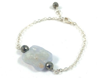White Quartz Stone Bracelet: Pyrite Accent, Silver Plated Chain