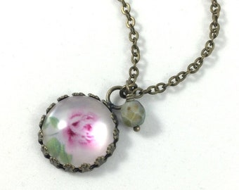 Pink Rose Floral Cabochon Necklace: Botanical Jewelry