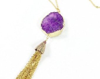 Druzy Pendant Necklace, Long Tassel Necklace, Purple Druzy Necklaces for Women, Statement Jewelry, Purple Jewelry, Boho Tassel Jewelry