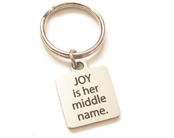 Joy Keychain, Affirmation Keychain, Positive Quote Keychain, Uplifting Gifts for Encouragement, Gifts for Friend, Joy is Her Middle Name