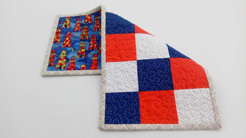 Patchwork Table Topper Toilet Tank Topper Patriotic Decor Red White Blue Small Quilted Table Runner Item #604 Lighthouse Table Placemat