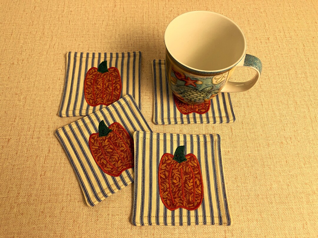 Table Rug Coasters Quilted Coasters Set With Pumpkin Applique, Handmade Coaster Set of 4 ...