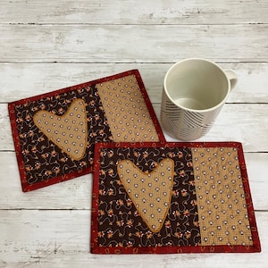 Mug Rug Set of 2, Quilted Placemats, Table Topper, Kitchen Hot Pads, Teacher Gift, Hot Pad Trivet, Coffee Cup Coasters, 6&quot; x 9&quot;, Item #5125
