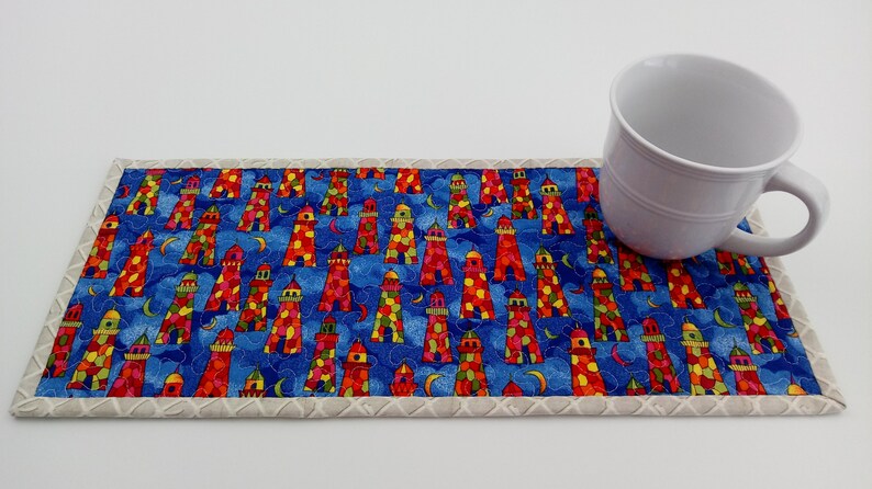 Patchwork Table Topper Toilet Tank Topper Patriotic Decor Red White Blue Small Quilted Table Runner Item #604 Lighthouse Table Placemat