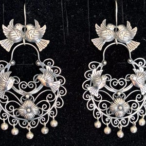 Federico Jimenez Mexican sterling silver lovebirds dangle large Frida earrings