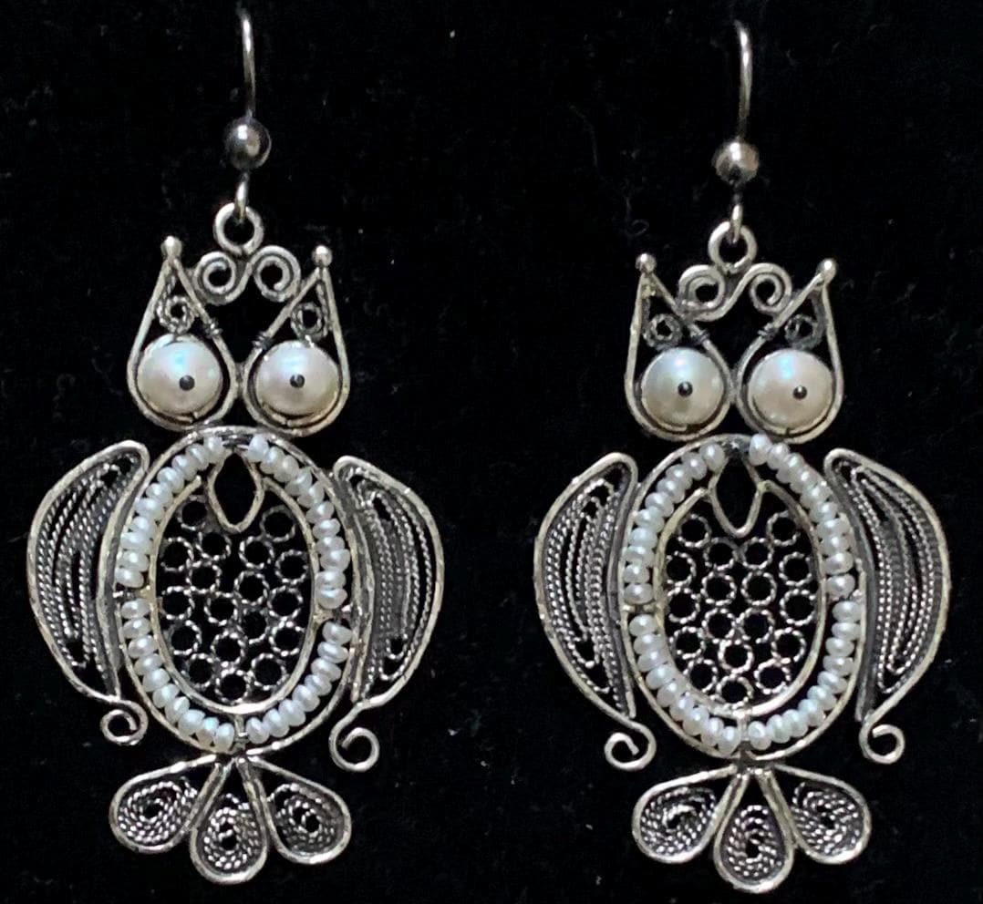 LARGE Mexican Oaxacan Sterling silver filigree Pearl OWL BIRD Frida earrings
