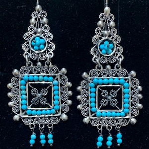 LARGE Mexican Oaxaca Mexico Sterling silver filigree turquoise Frida earrings