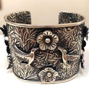 Mexican Sterling Silver Handmade Hummingbirds Dragonflies  LARGE Bracelet