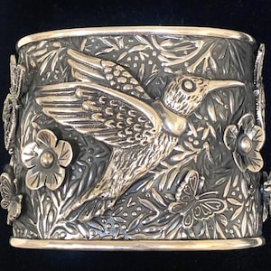 Mexican Sterling Silver Handmade Hummingbird Butterfly dragonflies LARGE wide cuff Bracelet