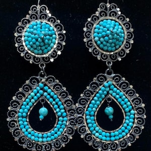 LARGE Mexican Oaxaca Mexico Sterling silver filigree turquoise Frida earrings