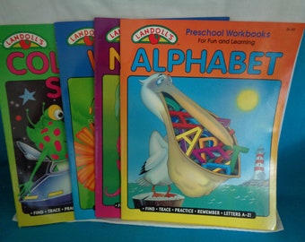 vintage 1995 Landoll Preschool Workbooks For Fun and Learning set of 4: Colors & Shapes; Alphabet; Numbers; Words - all unused