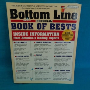 May include: A magazine cover titled "Bottom Line Personal Book of Best" with a red and white owl illustration. The cover features a list of topics including car smarts, estate planning, healthy healing, career savvy, family, fun time, education, and home sweet home.