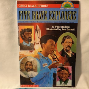 May include: Book cover featuring a colorful illustration of five Black explorers. The title is "Five Brave Explorers" and the subtitle is "Great Black Heroes".
