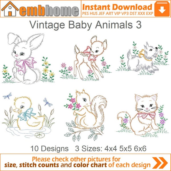 Vintage Baby Animals Machine Embroidery Designs Instant Download 4x4 5x5 6x6 hoop 10 designs APE2290