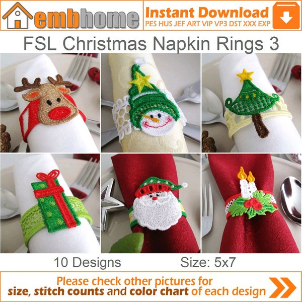 FSL Christmas Napkin Rings Free Standing Lace Machine Embroidery Designs Instant Download 5x7 hoop 10 designs APE2233