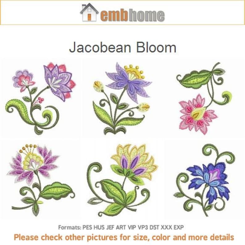 Jacobean Bloom Flowers Machine Embroidery Designs Pack Instant Etsy
