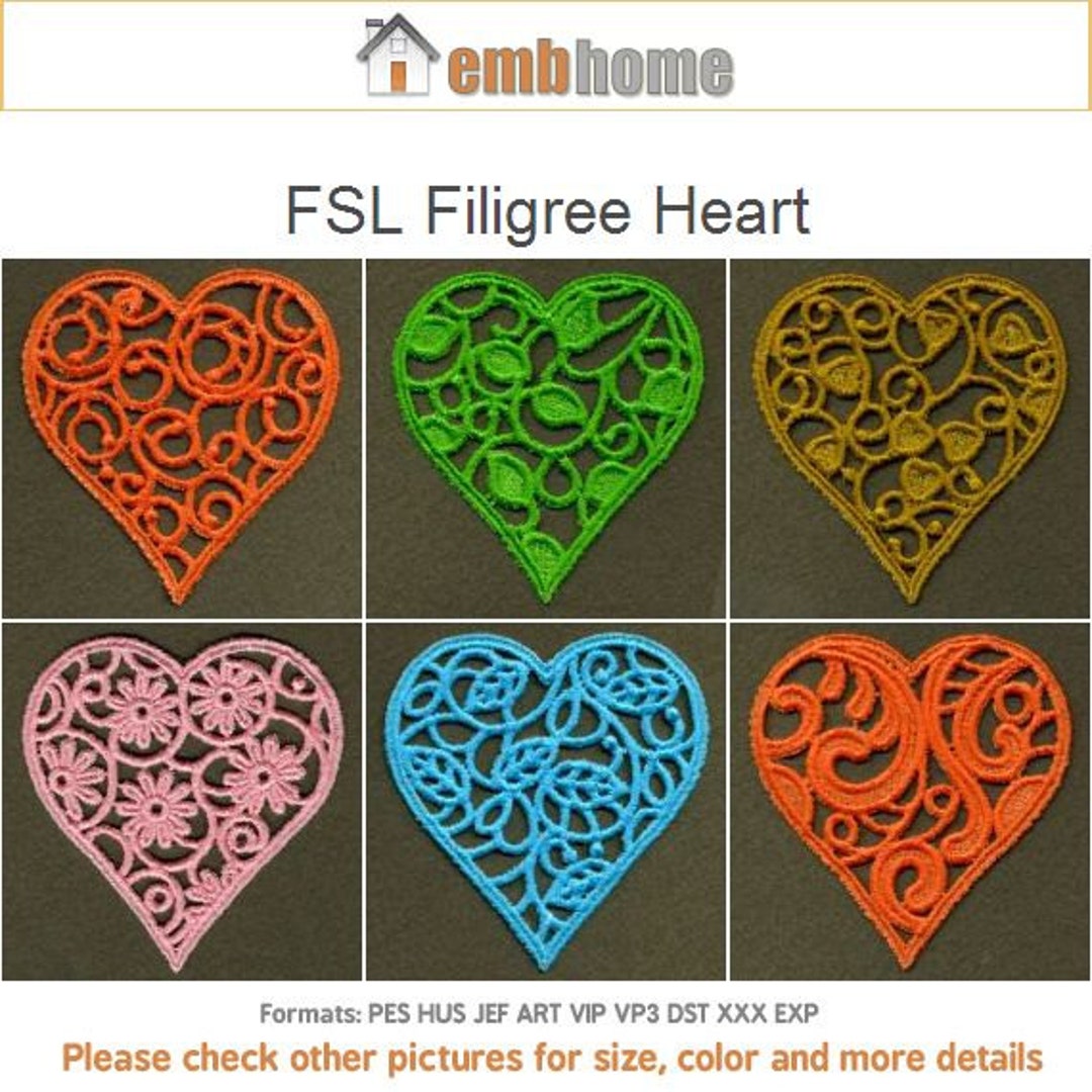 FSL Filigree Heart Love Ornament Free Standing Lace Machine Embroidery ...