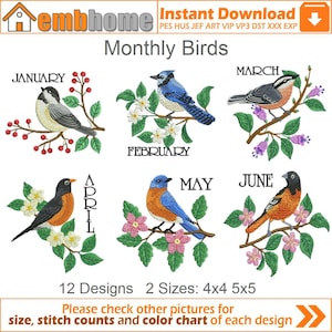 May include: A set of 12 embroidery designs featuring birds on branches with flowers. The designs are available in two sizes: 4x4 and 5x5 inches. The months of the year are labeled on each design.
