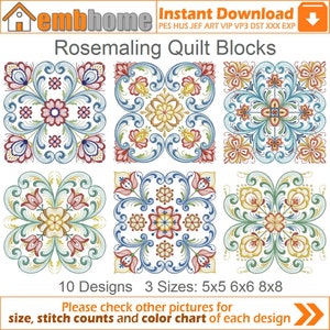 May include: Ten designs of rosemaling quilt blocks in various colours, including red, blue, green, and yellow. The blocks are available in three sizes: 5x5, 6x6, and 8x8 inches.