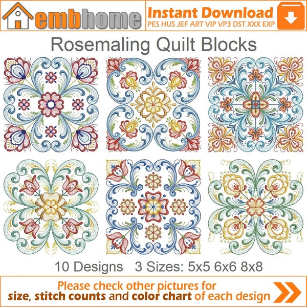 Rosemaling Quilt Blocks Machine Embroidery Designs Instant Download 5x5 6x6 8x8 hoop 10 designs APE2807