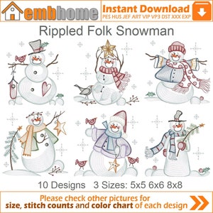 May include: Ten embroidery designs of rippled folk snowmen in various poses, including holding a star, a bird, and a branch. The designs are available in three sizes: 5x5, 6x6, and 8x8 inches.  "Please check other pictures for size, stitch counts and color chart of each design."