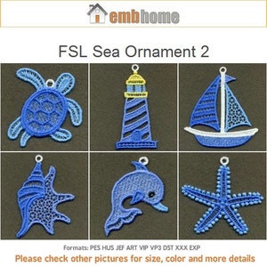 May include: Six blue and white FSL embroidery designs for a sea ornament theme. The designs include a turtle, lighthouse, sailboat, seashell, dolphin, and starfish.