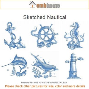 Sketched Nautical Machine Embroidery Designs Instant Download 4x4 5x5 6x6 hoop 10 designs SHE5173