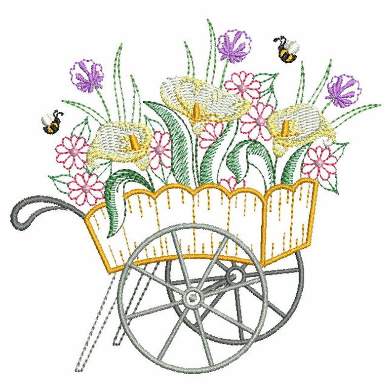 May include: A yellow and white wooden wagon filled with a bouquet of yellow, pink, and purple flowers. Two small bees are flying near the flowers.