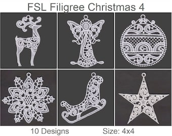 FSL Filigree Christmas Free Standing Lace Christmas Ornament Machine Embroidery Designs Instant Download 4x4 hoop 10 designs APE2366