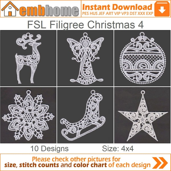 FSL filigrane Weihnachten frei stehende Spitze Weihnachten Ornament Maschinenstickerei Designs Instant Download 4x4 Stickrahmen 10 Designs APE2366
