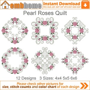 Pearl Roses Quilt Flowers Block Machine Embroidery Designs Instant Download 4x4 5x5 6x6 hoop 12 designs APE1664