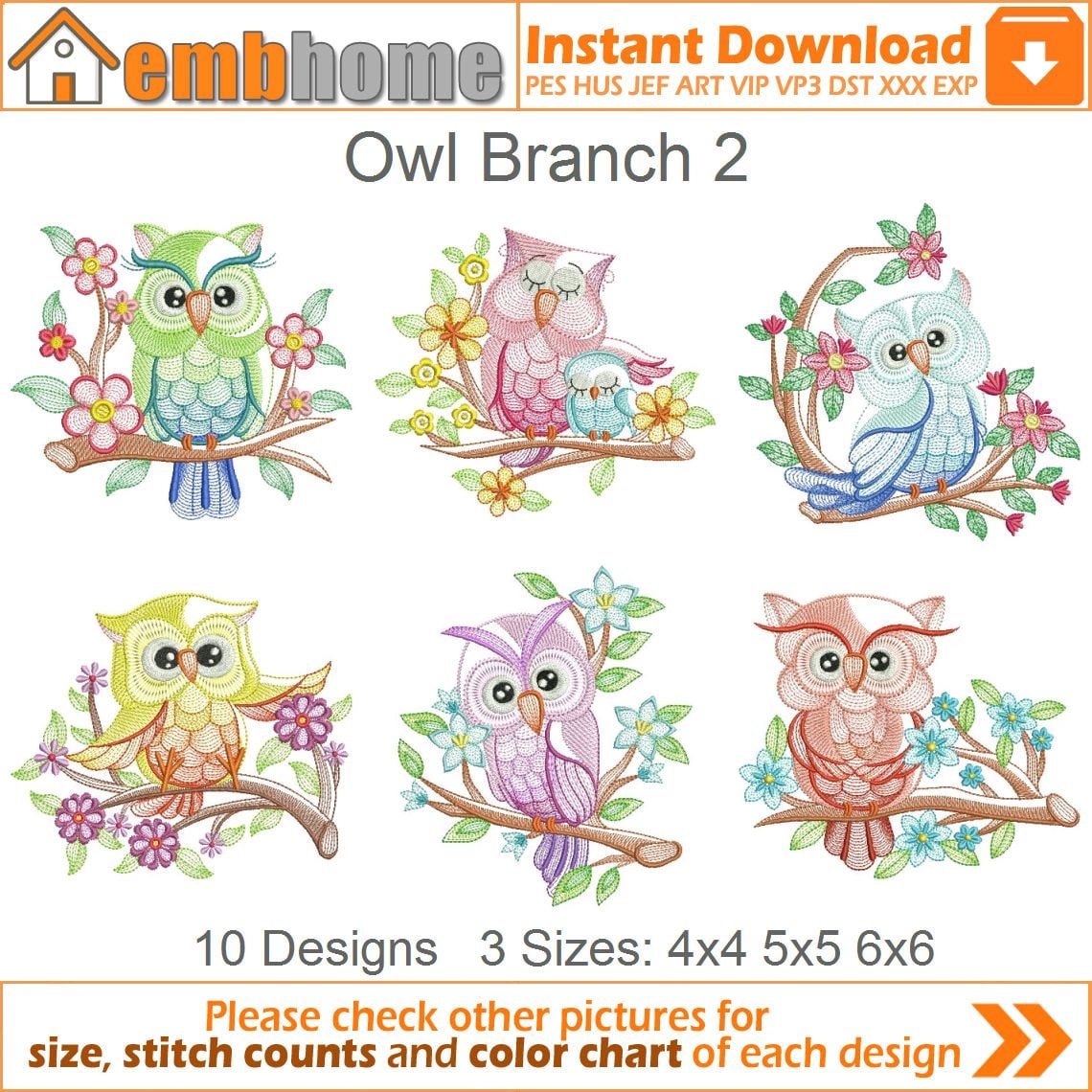 Owl Branch Machine Embroidery Designs Instant Download 4x4 5x5 6x6 hoop 10 designs APE2555