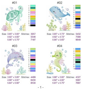 May include: Four embroidery designs featuring sea creatures. The designs include a turtle, whale, dolphin, and seahorse. Each design is surrounded by bubbles and seaweed. The designs are available in multiple sizes, with the dimensions listed below each design.