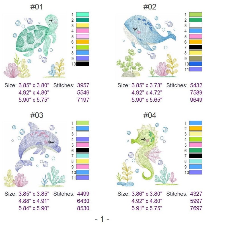 May include: Four embroidery designs featuring sea creatures. The designs include a turtle, whale, dolphin, and seahorse. Each design is surrounded by bubbles and seaweed. The designs are available in multiple sizes, with the dimensions listed below each design.