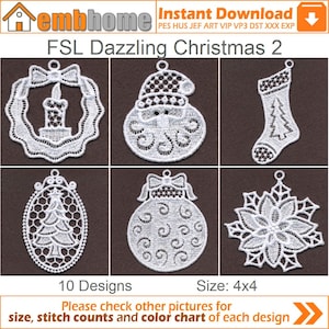 FSL Dazzling Christmas Ornament Free Standing Lace Machine Embroidery Designs Instant Download 4x4 hoop 10 designs APE1876