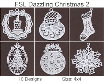Puede incluir: Diez diseños de encaje blanco para adornos navideños, que incluyen una corona con una vela, Papá Noel, una media, un árbol, una bola y un copo de nieve. Los diseños miden 4 pulgadas por 4 pulgadas.