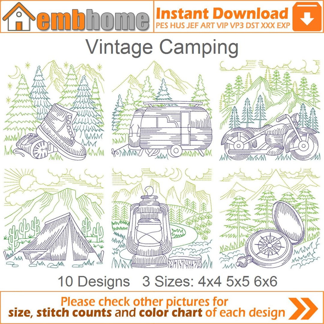 Vintage Camping Machine Embroidery Designs Pack Instant Download 4x4