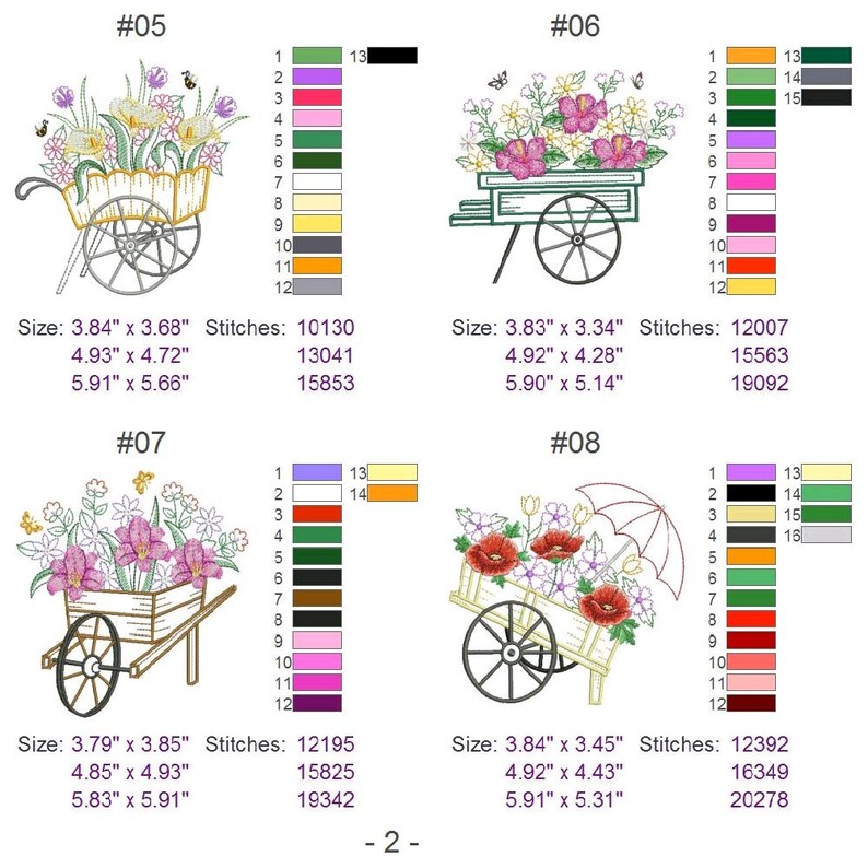 May include: Four different embroidery designs of flower arrangements in a wheelbarrow. Each design features a different color scheme and flower type. The designs are numbered 05, 06, 07, and 08. The designs are also labeled with their size and stitch count in inches and stitches.
