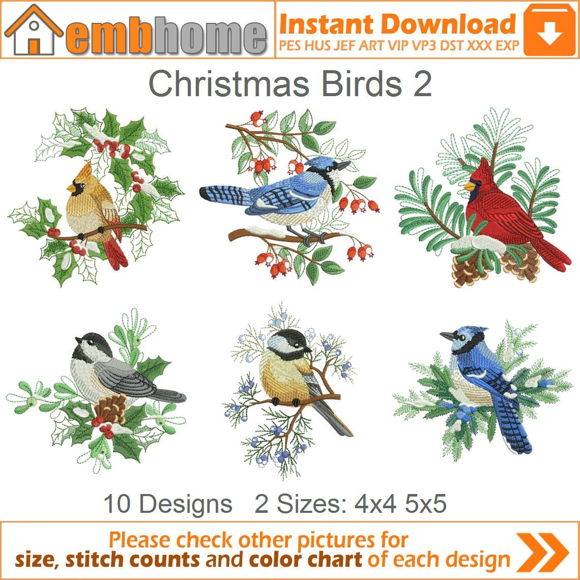 Christmas Birds Machine Embroidery Designs Pack Instant