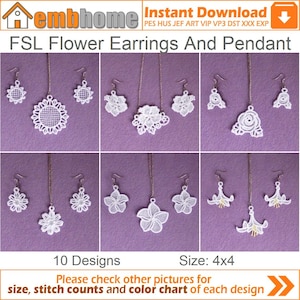FSL Flower Earrings And Pendant Free Standing Lace Machine Embroidery Designs Instant Download 4x4 hoop 10 designs APE2148