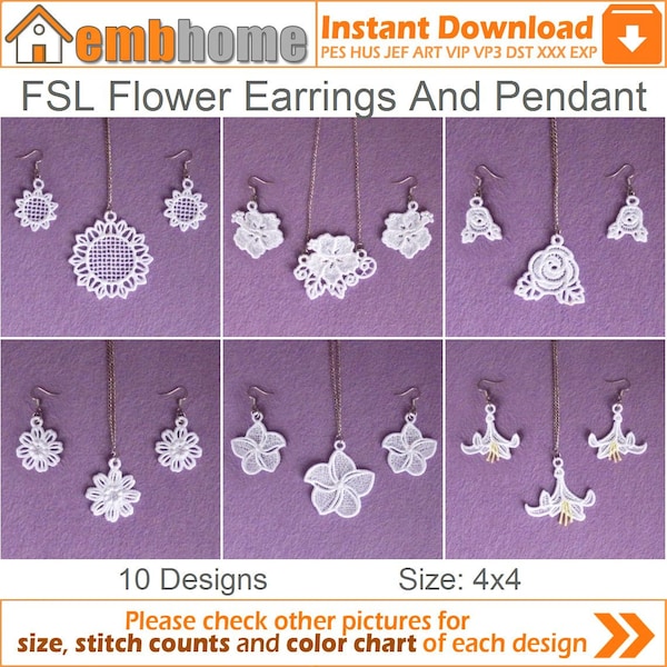FSL Flower Earrings And Pendant Free Standing Lace Machine Embroidery Designs Instant Download 4x4 hoop 10 designs APE2148