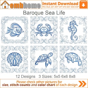 Baroque Sea Life Machine Embroidery Designs Pack Instant Download 5x5 6x6 8x8 hoop 12 designs APE3228