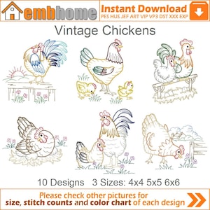 Vintage Chickens Embroidery Designs Instant Download 4x4 5x5 6x6 hoop 10 designs APE2542