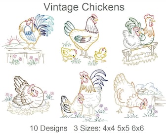Vintage Chickens Embroidery Designs Instant Download 4x4 5x5 6x6 hoop 10 designs APE2542
