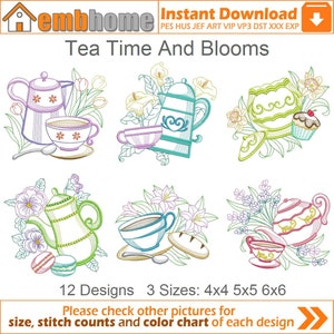 Tea Time And Blooms Machine Embroidery Designs Instant Download 4x4 5x5 6x6 hoop 12 designs APE3143