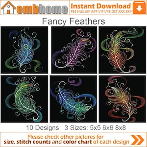 May include: Ten embroidery designs of colourful peacock feathers with swirls, available in three sizes: 5x5, 6x6, and 8x8 inches. The designs are on a black background.