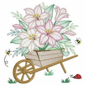 Puede incluir: Una carretilla de madera llena de lirios rosas y blancos, rodeada de hojas verdes y peque&ntilde;os insectos.