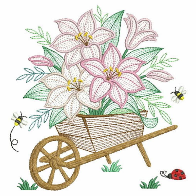 Puede incluir: Una carretilla de madera llena de lirios rosas y blancos, rodeada de hojas verdes y peque&ntilde;os insectos.