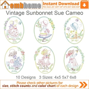 May include: Ten embroidery designs of vintage Sunbonnet Sue in various poses, each in a circular frame with floral accents. The designs are available in three sizes: 4x5, 5x7, and 6x8 inches.