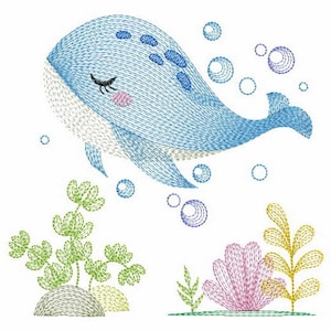 May include: A blue whale with closed eyes and a pink blush swims through the water, surrounded by bubbles.  Seaweed and a pink coral reef are at the bottom of the image.